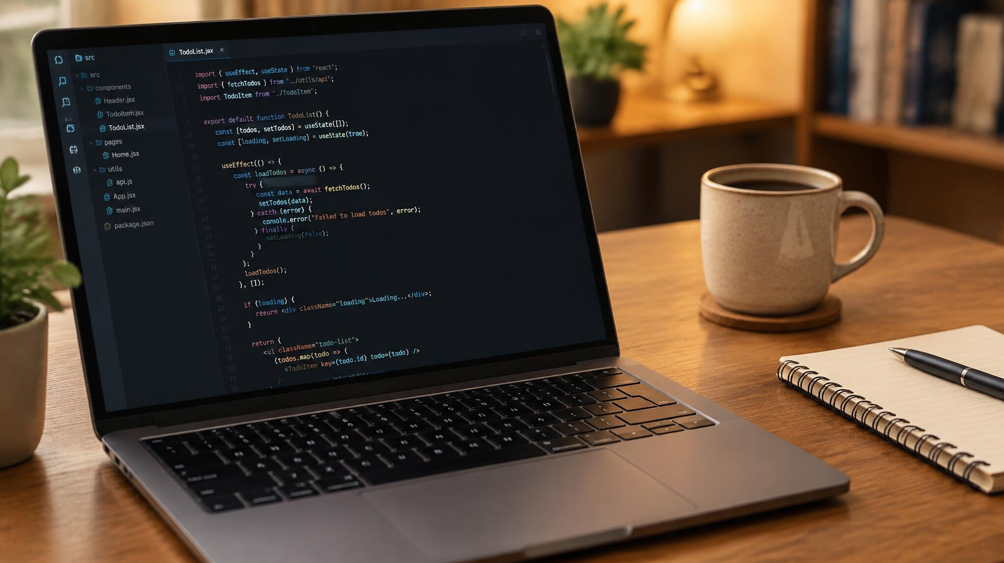Laptop with code editor next to a coffee cup on a desk